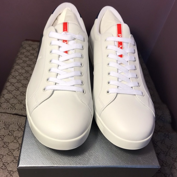 Prada | Shoes | New Prada White Blue Leather Sneakers | Poshmark